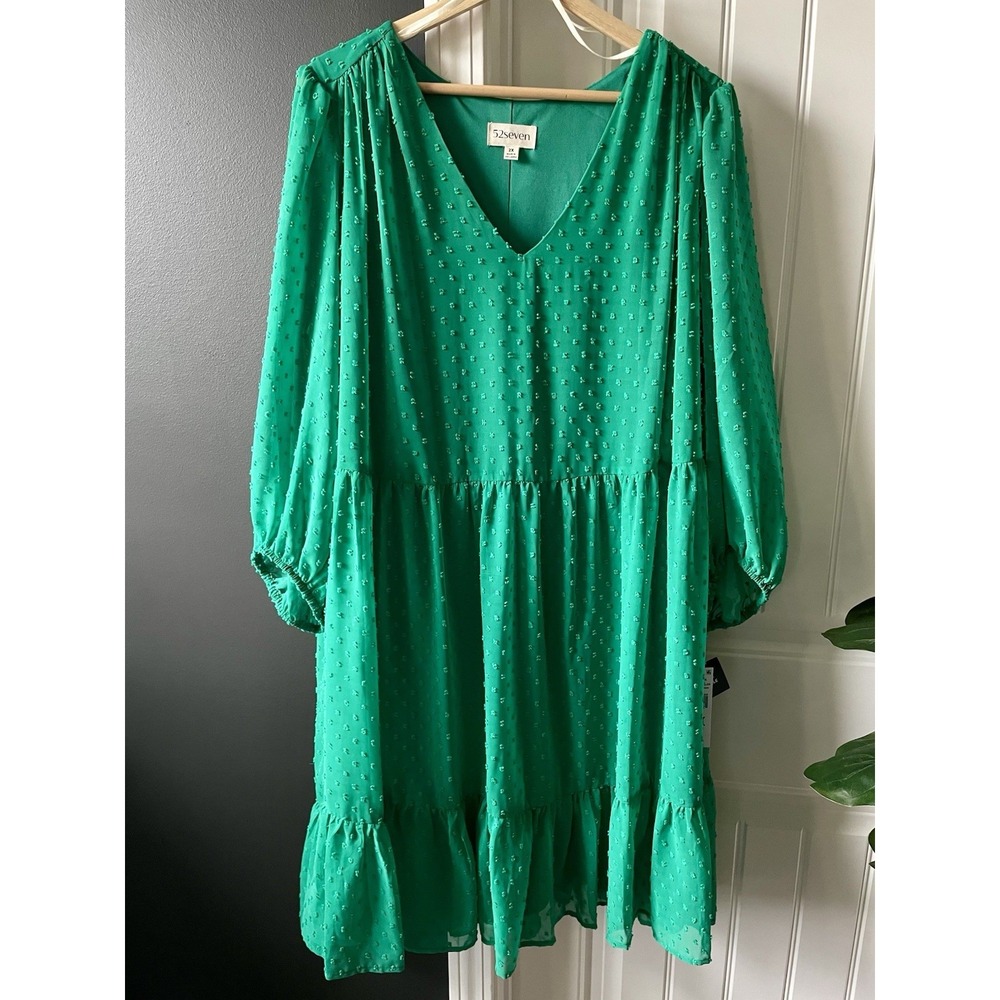 52seven Dress Green Knee Length 2X Balloon Sleeve Spring Summer Plus size NWT